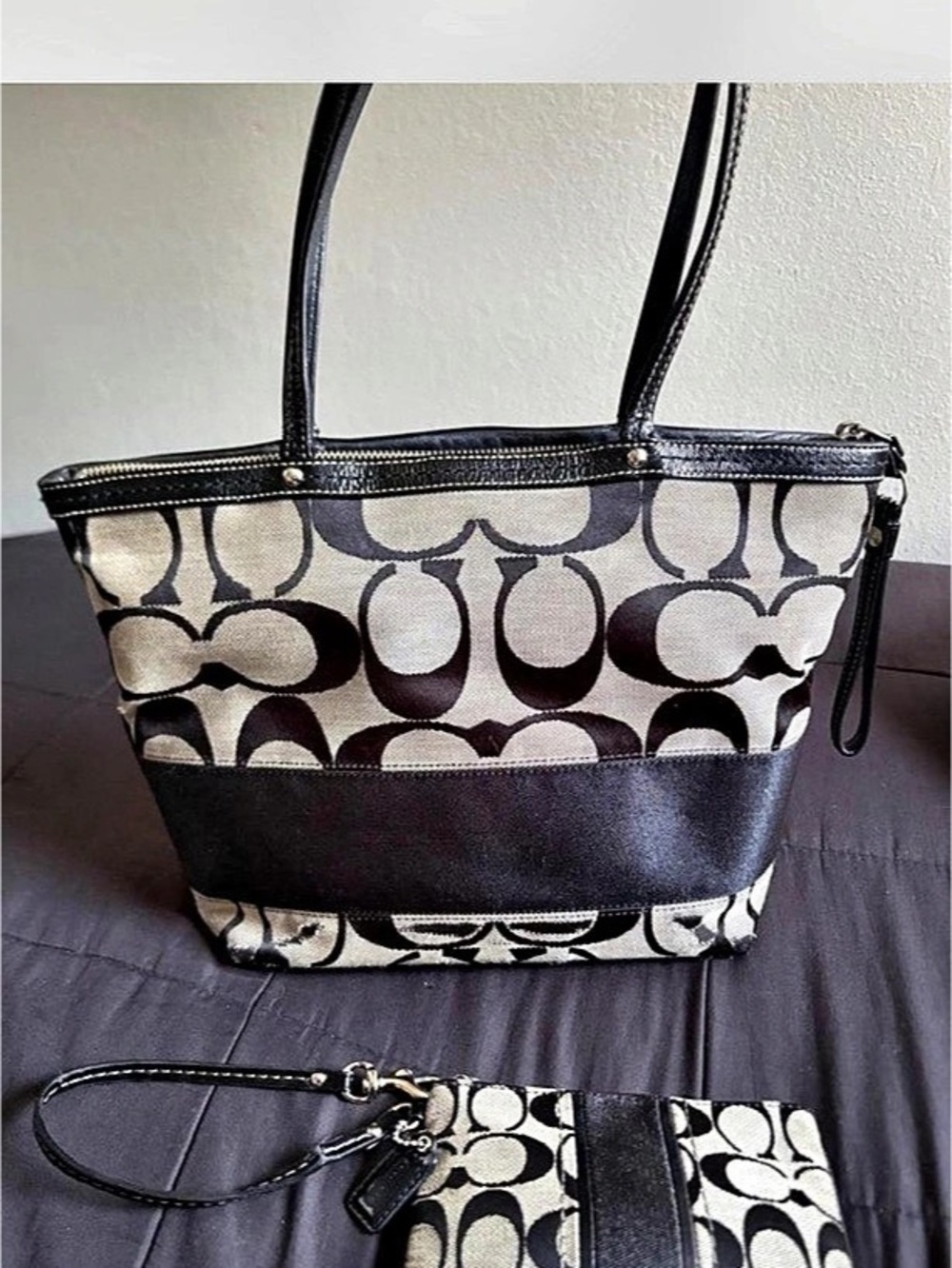 Coach Signature Stripe Canvas Tote and Wristlet in Black & White